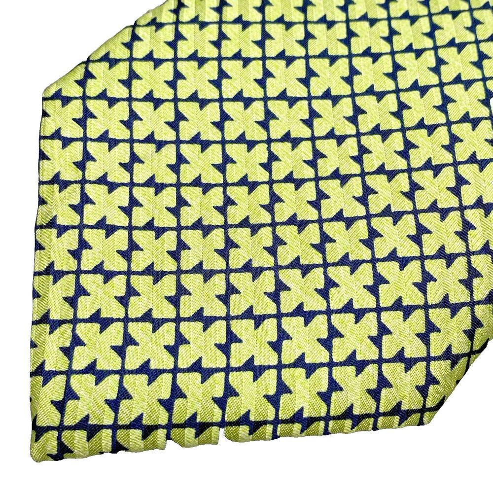 Dunhill Silk Tie Wide Geometric Foulard Jacquard Italy Vintage Mens Navy Green